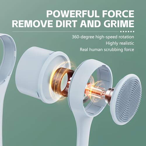 Electric Back Scrubber for Shower - IPX7 Waterproof Rechargeable Dual Handle Power Exfoliating Bath Brush with 3 Heads 2 Speeds for Cleansing, Exfoliating & Massaging Skin (Blue)