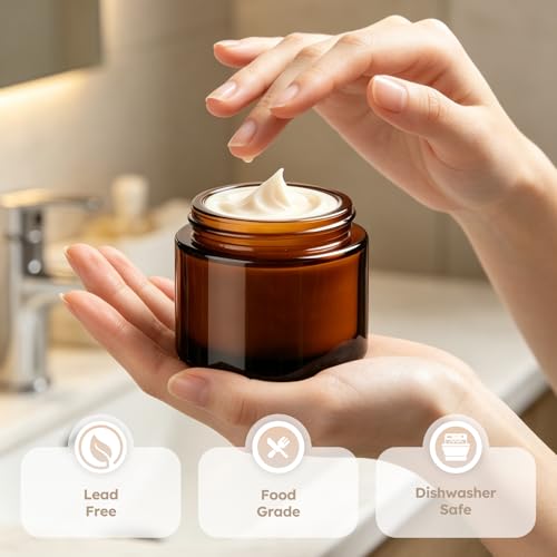2 oz Amber Glass Jars with Black Lids, 6 Pack