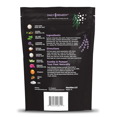 Daily Remedy Calming Lavender Foot Soak 16 oz – Epsom Salt Foot Bath for Tired Feet, Odor & Calluses