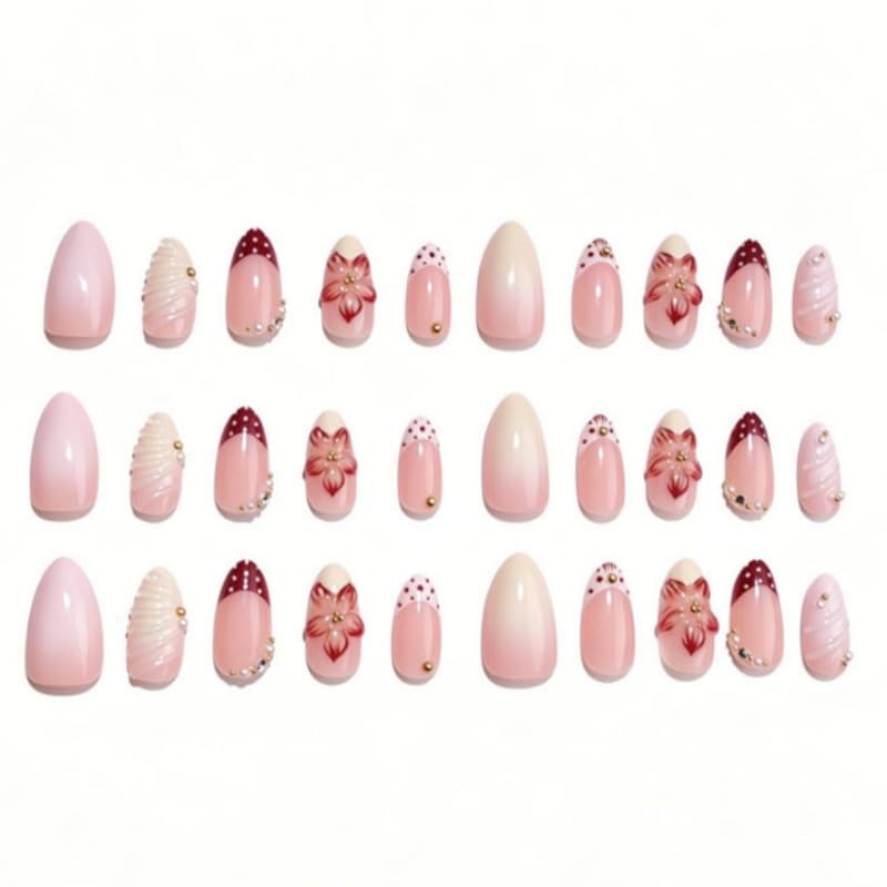 3D Floral Press On Nails Medium Almond 30pc Set