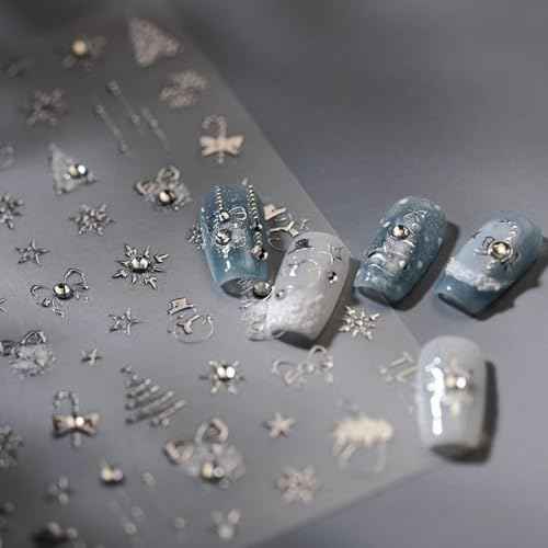Christmas Nail Stickers for Nail Art Crystal Silver Xmas Tree Snowflake Nail Art Stickers Snowman Bow Candy Nails Decals Self-Adhesive Diamond Nails Decals for Women Manicure Supplies Art Design
