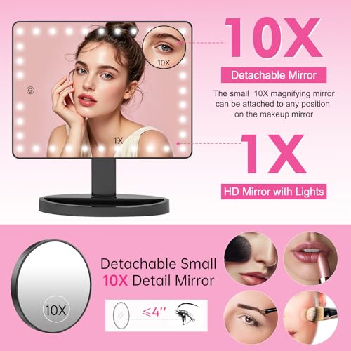 FUNTOUCH Black Large Lighted Makeup Mirror with Lights, 14.56 Inch, Dimmable & 10X Magnification (Variation D)