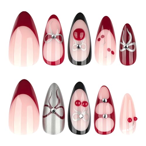 Cherry Bow Press On Nails Almond Glossy Chrome Metallic