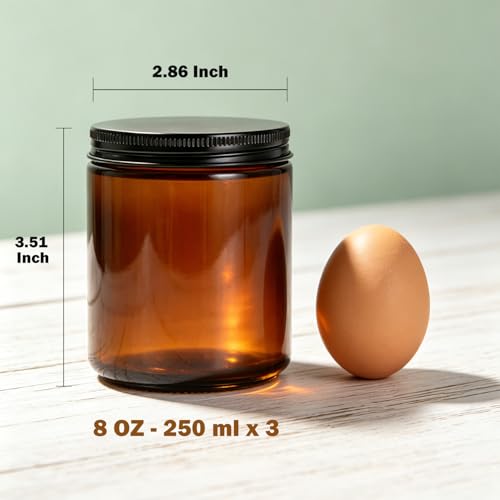8 oz Amber Glass Jars with Metal Lids - 3 Pack for Candle & Lotion