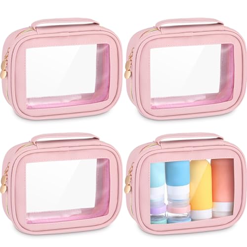 Kigeli 4 Pcs Clear Makeup Bags for Car Essential, Waterproof Clear Travel Toiletry Organizer Leather Makeup Bags with Handle Zipper, Small Cosmetic Pouch Set for Women Car Gift(Pink)