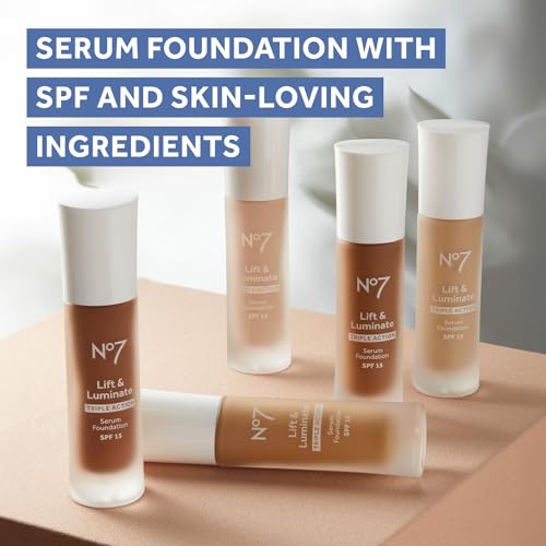 No7 Lift & Luminate Triple Action Serum Foundation - Porcelain - Liquid Foundation Makeup with SPF 15 for Dewy, Glowy Base - Radiant Serum Foundation for Mature Skin (30ml)