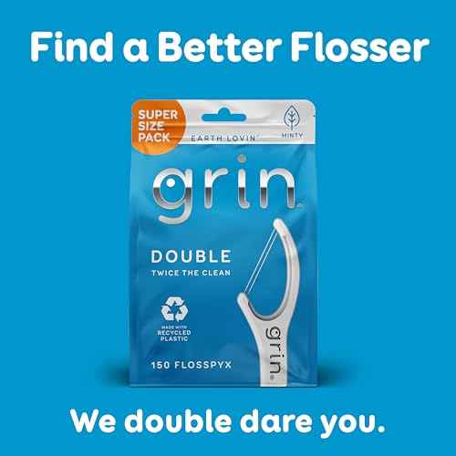 GRIN Double Flosspyx, Floss Picks, 150 ct, Dental Flossers, Minty Flavor, Recycled Plastic, 2 Lines of Strong Floss, Longer Floss Head, Traps Food and Plaque, Includes Safe Soft Fold-Back Tooth Pick
