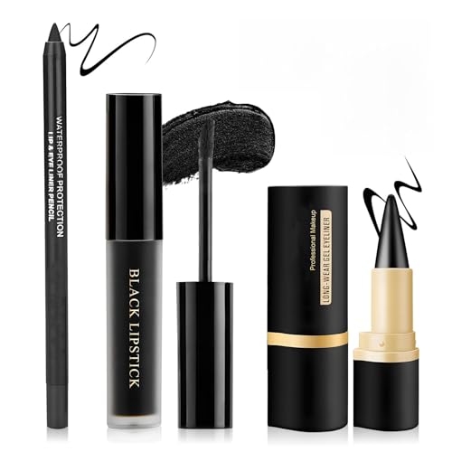 Black Lipstick Halloween Black Lip Liner & Gel Eyeliner Pencil,Matte black Lipstick Long Lasting Smudge Proof,Velvet Lip Gloss,Non Stick Cup,Suitable for Halloween Cosplay Goth Makeup