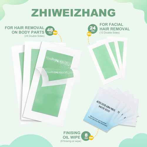 72PCS Wax Strips for Hair Removal for Women & Men: 48 Body &24 Face Waxing Strips + 8 Oil Wipes | At-Home Waxing Kit for Body, Bikini, Brazilian, Chest, Arms, Legs & Back | Hypoallergenic with Aloe