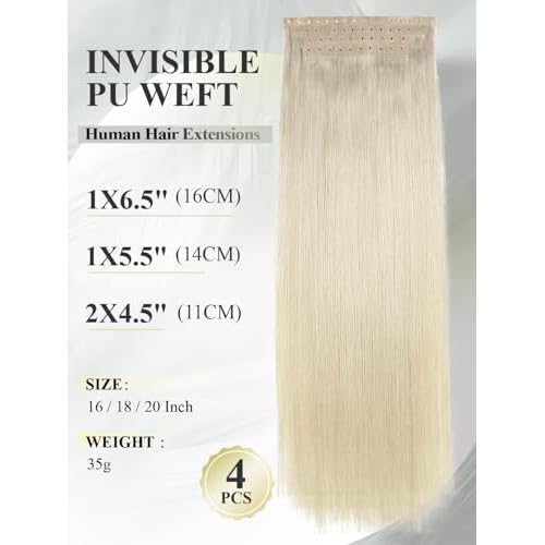 Human Hair Extensions Micro Ring PU Hair Extensions Glueless Remy Human Hair Extension with Holes Platinum Blonde Invisible Tape in Hair Extension for Women (35g 4Pcs,18 Inch)