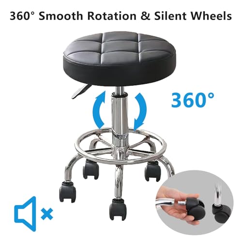 Round Rolling Stool Chair PU Leather,360¡Æ Adjustable Stools with Wheels Compact Size & High Weight Capacity Rolling Stool for Tattoo Salon Office Home