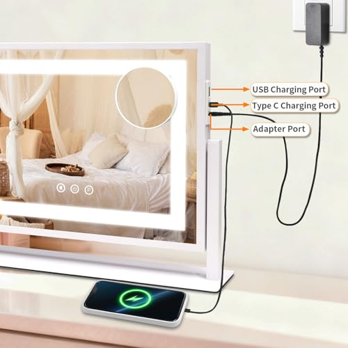 SANYCASA Lighted Makeup Vanity Mirror with Touch Control, 10X Magnification & 3 Color Modes - USB Charging, 24x19 Inch