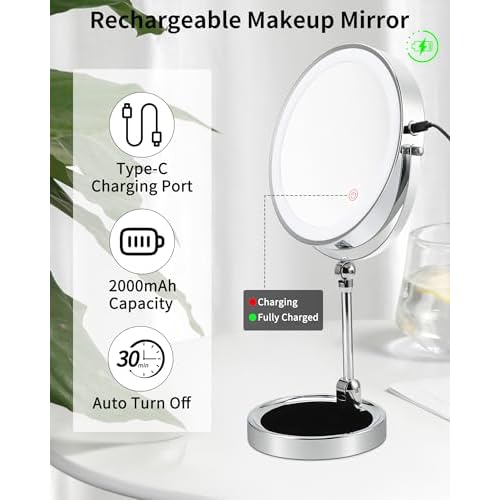 9" Lighted Makeup Mirror,1X/10X Magnifying Vanity Mirror with Height & Brightness Adjustable,Rechargable Makeup Mirror,360¡ÆRotation Double Sided Standing Desk Mirror (Polish Chrome)
