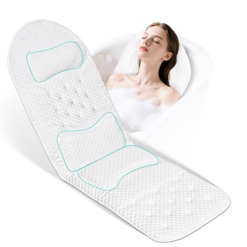 Full Body Bath Pillow for Bathtub, Thick Soft Tub Cushion with Non-Slip Suction Cups Dual Hooks, Luxury Spa Pillow for Neck Back and Hip Support, 55" x 18"