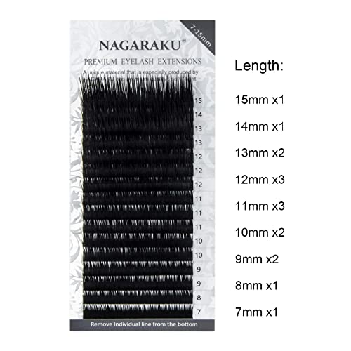 NAGARAKU Eyelash Extensions Individual Lashes 0.15 LC curl 7-15mm Mix Classic Faux Mink 16 rows Matte Black Soft Natural