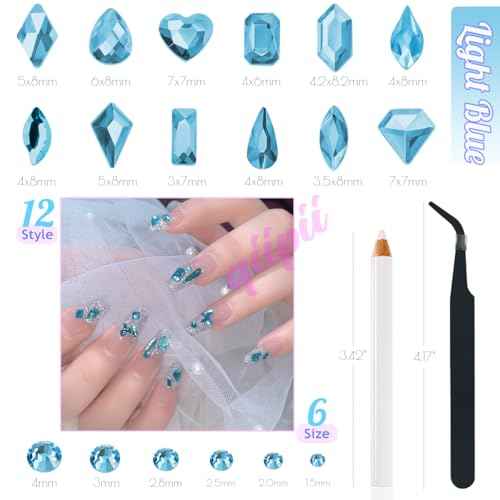 Light Blue Rhinestones for Nails Multi Shapes Crystal Flatback Rhinestones Gems Round Beads Glass Stones Diamonds Jewels w Wax Pen for Faces Eyes Makeup Crafts