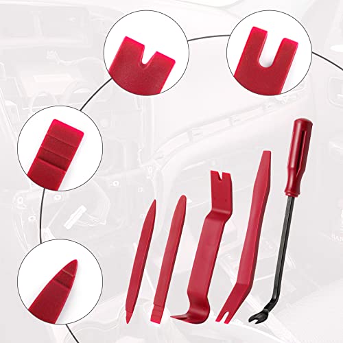 LivTee 5 pcs Auto Trim Removal Tool Kit, No Scratch Plastic Pry Tool Kit - Interior Door Panel Clip Fastener Removal Set for Vehicle Dash Radio Audio Installer (Red)