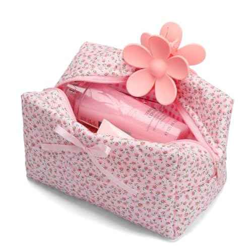 Quilted Makeup Bag, Floral Cosmetic Bag Cute Handmade Aesthetic Pink Toiletry Bag Flower Coquette Accessories Cotton Pouch for Women