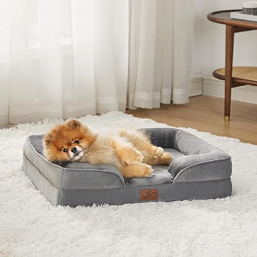 Bedsure Orthopedic Dog Bed - Bolster Dog Sofa Beds for Small Dogs, Supportive Foam Pet Bed with Removable Washable Cover, Waterproof Lining and Nonskid Bottom Couch, Grey