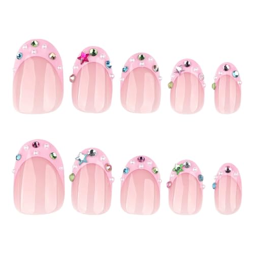 Foccna Almond Pink Press-On Nails with 3D Crystal - 24pcs