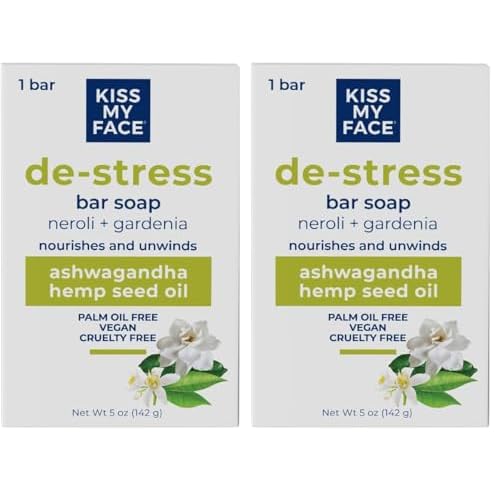 Kiss My Face De-Stress Bar Soap - Neroli + Gardenia - Vegan Soap Bar with Hemp Seed Oil - Cruelty Free and Palm Oil Free Bath Soap (Neroli + Gardenia, Pack of 2)