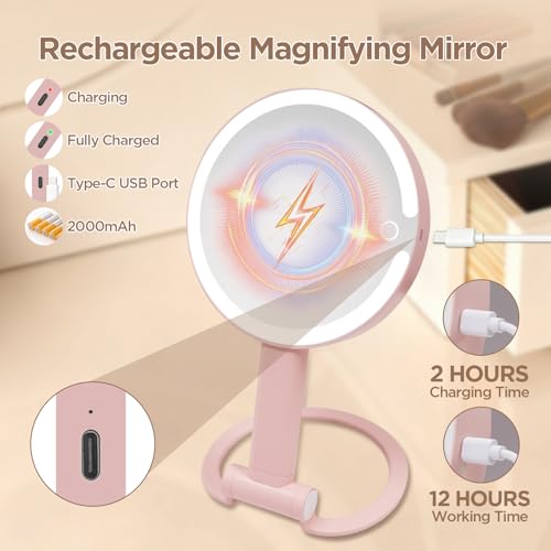 SANYCASA Rechargeable Makeup Mirror with Lights - 360° Rotation, 3 Color Modes, 1X/10X Magnification, Portable Vanity Mirror