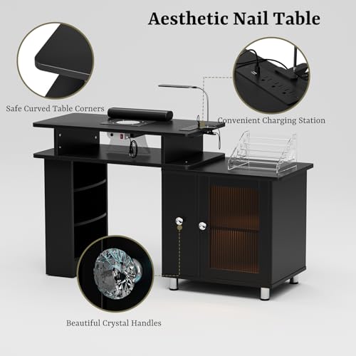 Black Manicure Table with LED Light & Lamp, Nail Tech Desk, Professional Salon Furniture