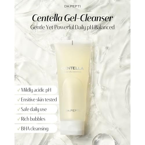 DR.PEPTI Centella Pure Gel Cleanser - Korean Face Wash Gentle Daily Cleanser for Sensitive Dry Skin with Salicylic Acid BHA Peptides - pH Balanced Gel to Bubble Wash, 6.76 fl.oz.