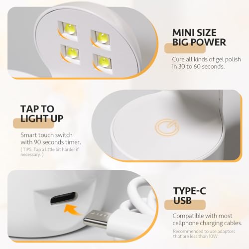 GAOY Mini UV LED Nail Lamp - Portable Travel Gel Light for Nail Tips (White)