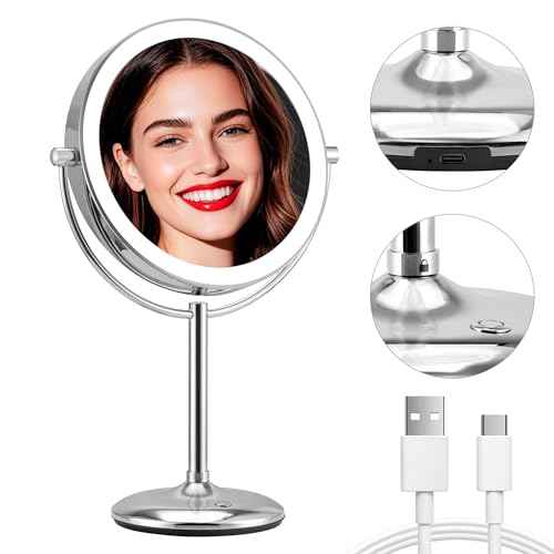 9" Makeup Mirror with Lights: 1X/15X Lighted Makeup Mirror with Magnification, True HD Magnifying Mirror with 3 Color Lights, 360¡ÆRotation Double Sided Desk Mirror, Base Charging & Touch Switch,Chrome