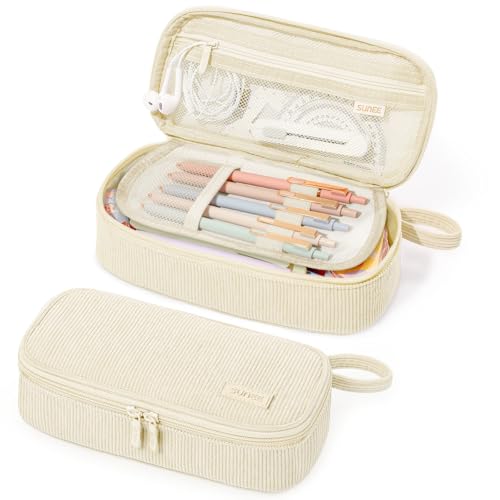 SUNEE Beige Corduroy Pencil Case, Large Capacity Zipper Pouch, Multi-Compartment Pen Organizer