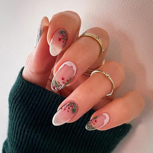 French Tip Press on Nails Medium Almond Fake Nails with Designs Christmas Holly Leaves Nude White Nail Tips Full Cover Acrylic Oval False Nails Xmas Winter Glue on Nails for Women and Girls 24Pcs