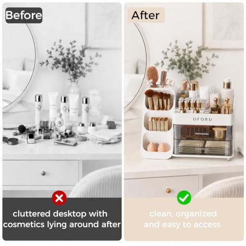 UFORU White Makeup Organizer with Brush Holder for Vanity & Bathroom