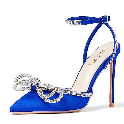 Elisabet Tang Women's High Heel Pumps,Satin Rhinestone Bowknot Lace Up Sandals Pointed Toe Ankle Buckle Straps Pump Stiletto Sandals