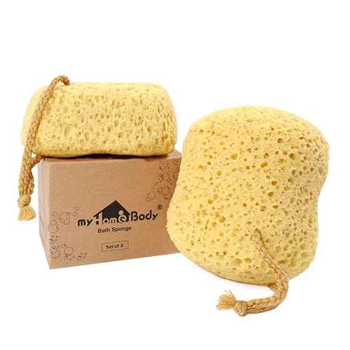 myHomeBody Bath Sponge, Foam Loofah, Body Scrubber for Bathing, Exfoliating Shower Pouf for Shower ? Large Size, Lots of Lather, Curvy, 2 Pack