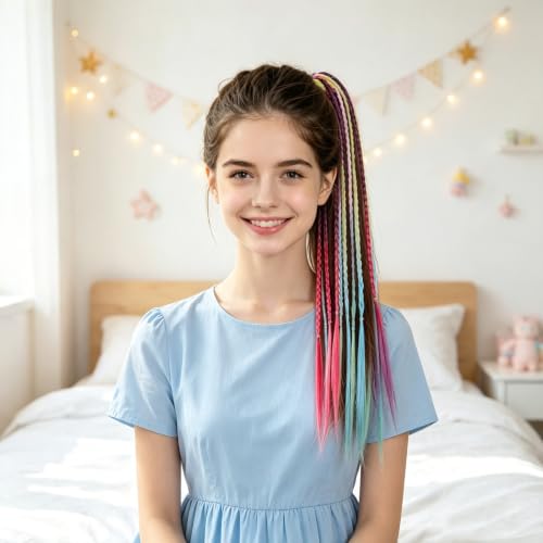 12Pcs 16 Inch Colorful Braided Hair Extensions with Rubber Bands for Girls, Festival & Party Hair Accessories