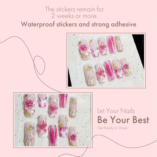 Pink Summer Floral Press On Nails 10pcs, 3D Flower Tropical Beach Nail Set with Gold Shells Rhinestones, Pastel Gradient Mermaid Fake Nails for Women, Acrylic UV Gel Wearable Nails (Pink, S)