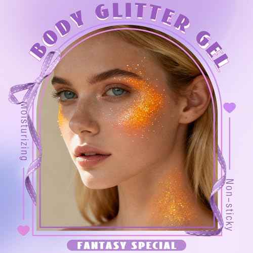 Roll-on Orange Body Glitter Gel for Face Hair, Holographic Chameleon Color Changing Face Paint Glitter Autumn Makeup, Chunky Mermaid Sequins Festival Party Rave Accessories Shimmer Makeup