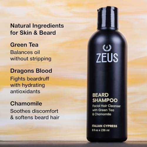 ZEUS Beard Shampoo Wash, Infused with Green Tea & Natural Ingredients to Cleanse and Soften Beard ? 8 oz. Made in USA ? Sandalwood