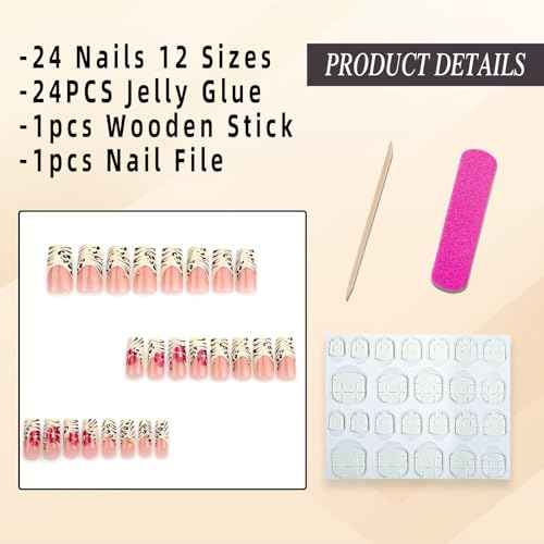 Leopard Print French Tip Press on Nails Long Square Fake Nails with 3D Gold Pearl Designs Glossy Red Flower Full Cover Glue On Nails Reusable Coffin Autumn Winter False Nails for Women 24Pcs