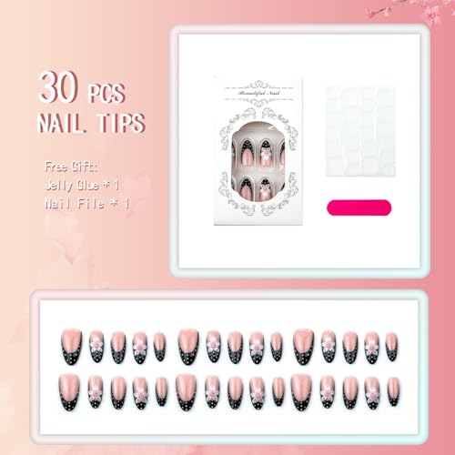 Medium Black & White Polka Dot French Tip Press on Nails with Flowers