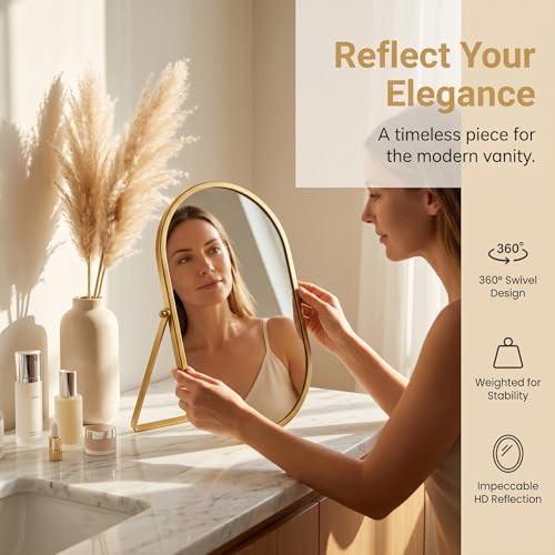 Oval Vanity Mirror 360° Rotation 180° Tilt with Gold Metal Frame - Desktop Tabletop Makeup Mirror