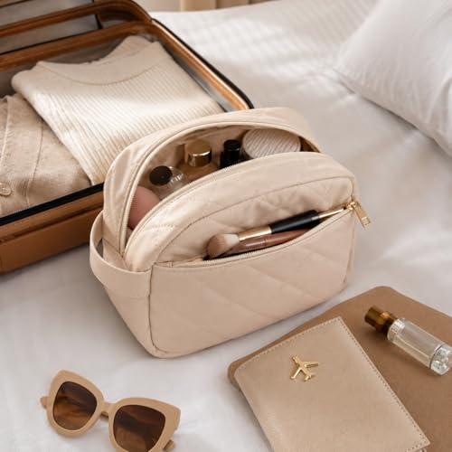 Quilted Travel Makeup Bag for Women - Double-Layer PU Leather Organizer