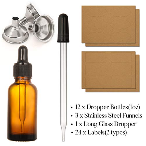 12 Pack 1oz Amber Glass Dropper Bottles with Funnels