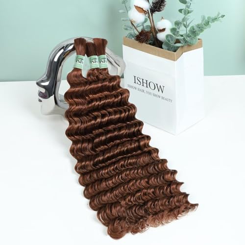 ISHOW 15A Deep Wave Bulk Human Hair - 20 Inch, 150g, Auburn Brown