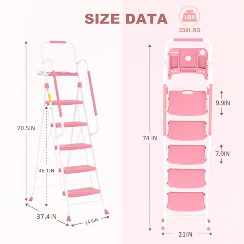 HBTower 5 Step Ladder with Handrails, Folding Step Stool with Tool Platform, 330 LBS Portable Steel Ladder for Adults for Home Kitchen Library Office, Pink