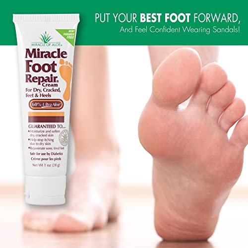 Miracle Foot Repair Cream, (1 oz / 3 Pack) Repairs Dry Cracked Heels and Feet, 60% Pure UltraAloe Moisturizes, Softens, and Repairs