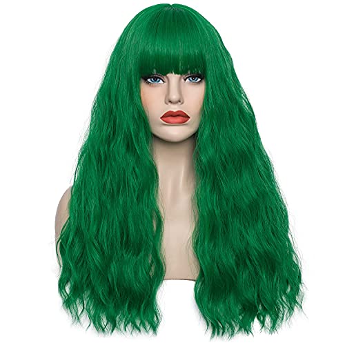 WGPFWIG Women's Dark Green Wig Short Curly Wavy Wig Shoulder Length Flat Bangs Wig For Women Girl Cosplay Party Halloween Wig Cap Included (22''Dark Green)