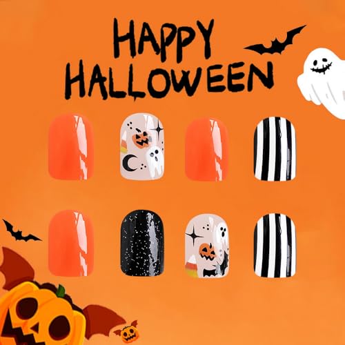 24Pcs Halloween Nails,Short Press on Nails Square Fake Nails Dark Purple False Nails Glitter Stick on False Nails Set, Reusable Glue on Nails for Women Girls Gift