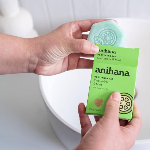 ANIHANA Body Wash Bar with Coconut Oil and Hemp Seed Oil, Soap Free, Moisturizing, Gentle, Soft Skin Care, Refreshing Cucumber & Mint Scent 2.8 Oz